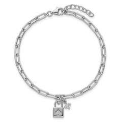 Sterling Silver Rhodium-plated Polished CZ and Lock 7 inch with 0.75 inch Extender Bracelet