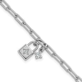 Sterling Silver Rhodium-plated Polished CZ and Lock 7 inch with 0.75 inch Extender Bracelet