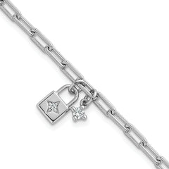 Sterling Silver Rhodium-plated Polished CZ and Lock 7 inch with 0.75 inch Extender Bracelet