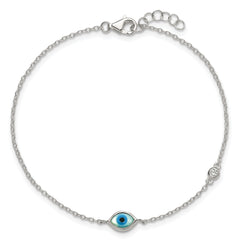 Sterling Silver Polished CZ and Mother of Pearl Evil Eye 6.75 Inch with 0.5 Inch Extension Bracelet