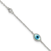 Sterling Silver Polished CZ and Mother of Pearl Evil Eye 6.75 Inch with 0.5 Inch Extension Bracelet