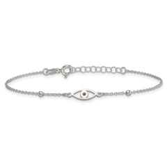 Sterling Silver Polished Beaded Black Enamel Evil Eye 7 inch with 1 inch Extension Bracelet