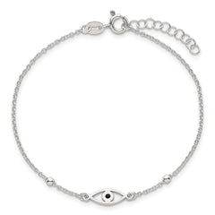 Sterling Silver Polished Beaded Black Enamel Evil Eye 7 inch with 1 inch Extension Bracelet