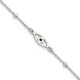 Sterling Silver Polished Beaded Black Enamel Evil Eye 7 inch with 1 inch Extension Bracelet