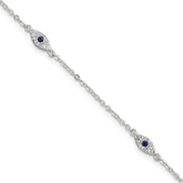 Sterling Silver Polished Blue and White CZ Evil Eye 7 Inch with 1 Inch Extension Bracelet