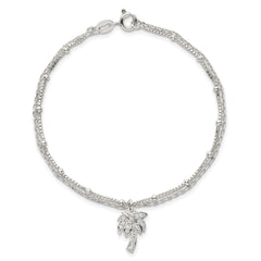 Sterling Silver Polished and Beaded White CZ Palm Tree Dangle Double Strand 7.5 inch Bracelet