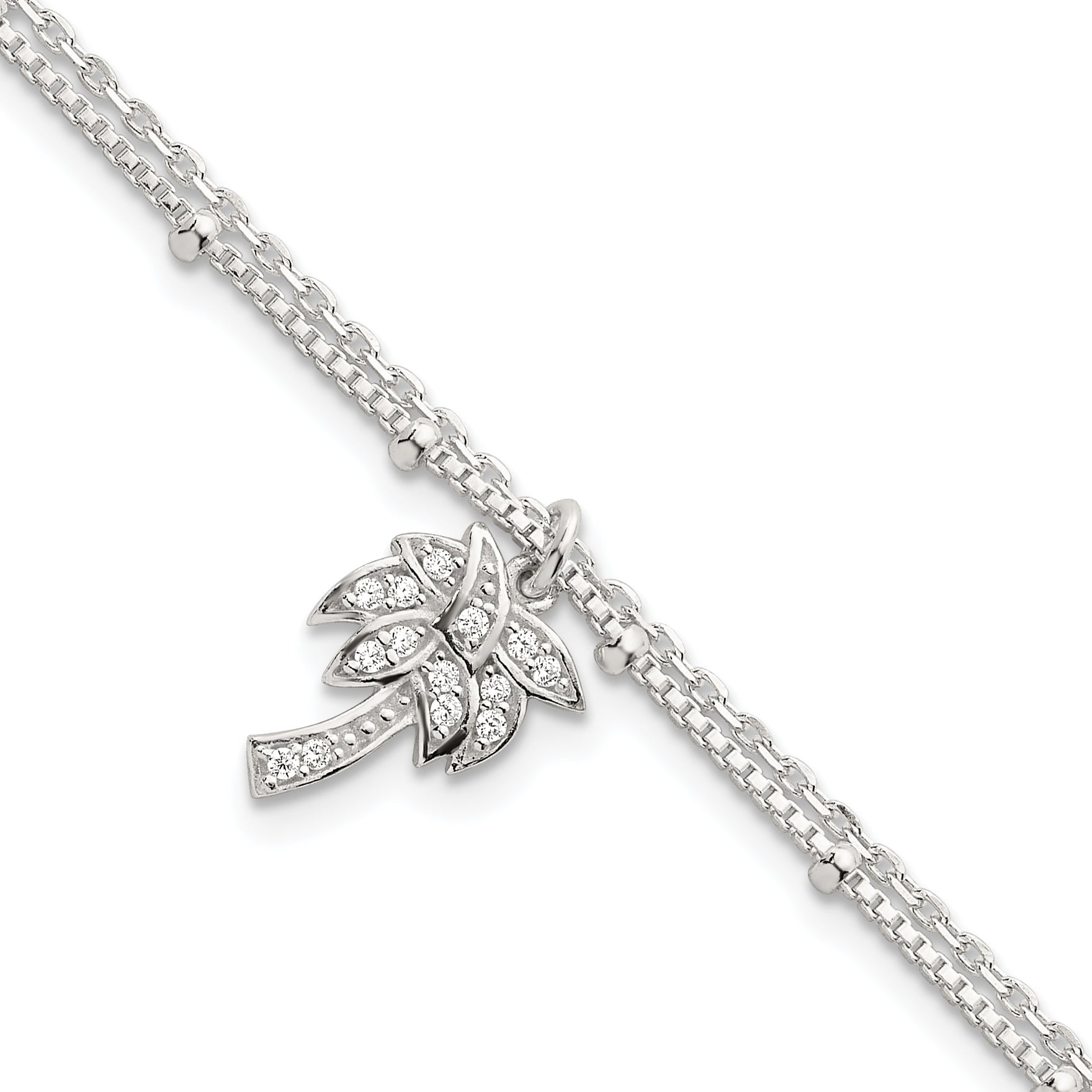 Sterling Silver Polished and Beaded White CZ Palm Tree Dangle Double Strand 7.5 inch Bracelet