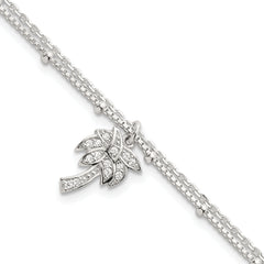 Sterling Silver Polished and Beaded White CZ Palm Tree Dangle Double Strand 7.5 inch Bracelet