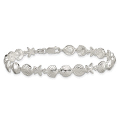 Sterling Silver Polished Textured Starfish, Sand Dollar, and Sea Shell 7.25 inch Bracelet