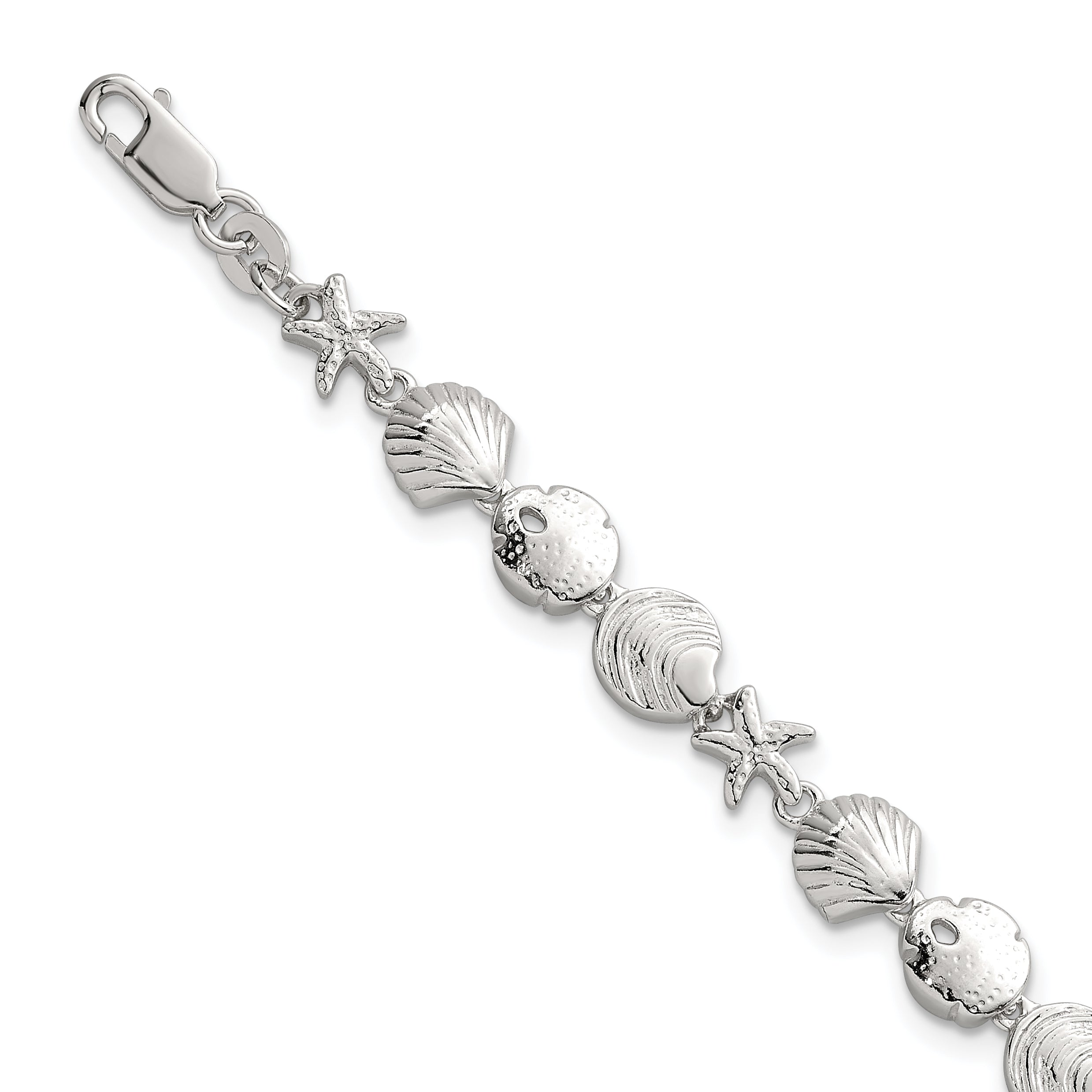 Sterling Silver Polished Textured Starfish, Sand Dollar, and Sea Shell 7.25 inch Bracelet