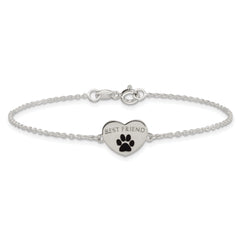 Sterling Silver Polished Black Enamel Pawprint Heart BEST FRIEND 7.5 inch Bracelet