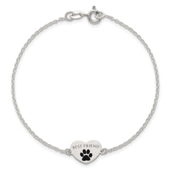 Sterling Silver Polished Black Enamel Pawprint Heart BEST FRIEND 7.5 inch Bracelet