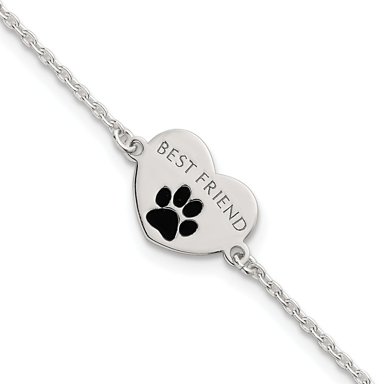 Sterling Silver Polished Black Enamel Pawprint Heart BEST FRIEND 7.5 inch Bracelet