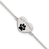 Sterling Silver Polished Black Enamel Pawprint Heart BEST FRIEND 7.5 inch Bracelet