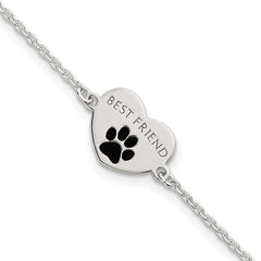 Sterling Silver Polished Black Enamel Pawprint Heart BEST FRIEND 7.5 inch Bracelet