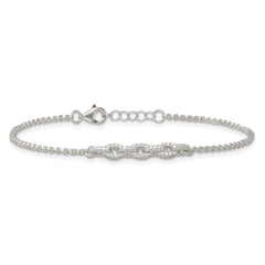 Sterling Silver Polished Pave CZ Cable Link 6.75 Inch with 0.5 Inch Extension Bracelet