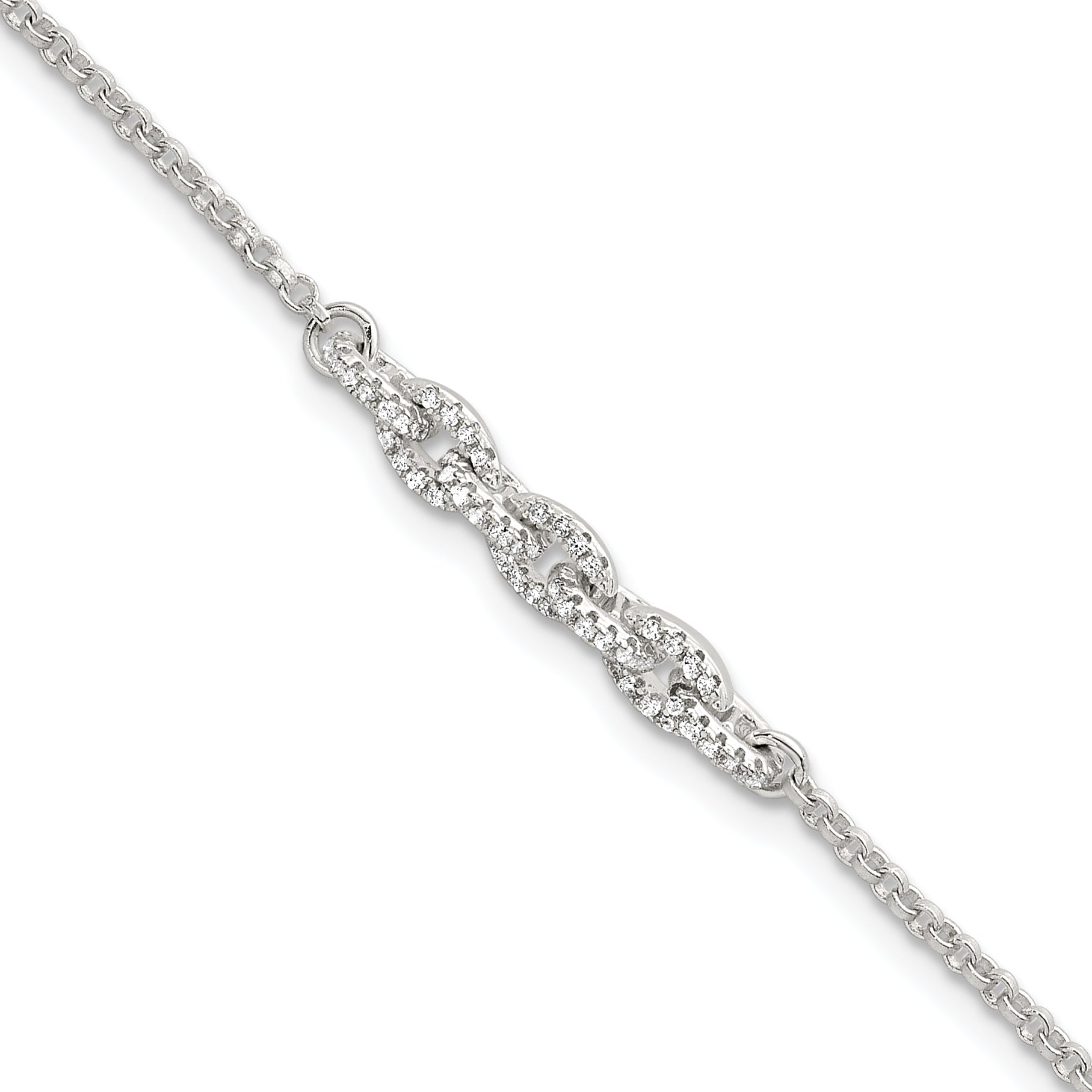 Sterling Silver Polished Pave CZ Cable Link 6.75 Inch with 0.5 Inch Extension Bracelet