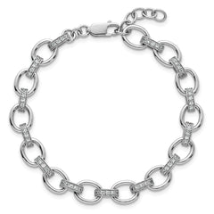 Sterling Silver Rhodium-plated Oval Link with CZ Bars 7 inch with 0.75 inch Extension Bracelet