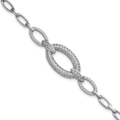 Sterling Silver Rhodium-plated Polished CZ Oval Link 7 inch Bracelet