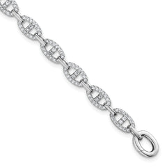 Sterling Silver Rhodium-plated Polished CZ Anchor/Mariner Link 7.25 inch Bracelet