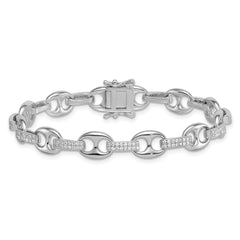 Sterling Silver Rhodium-plated Polished CZ Oval and Mariner Link 7 Inch Bracelet