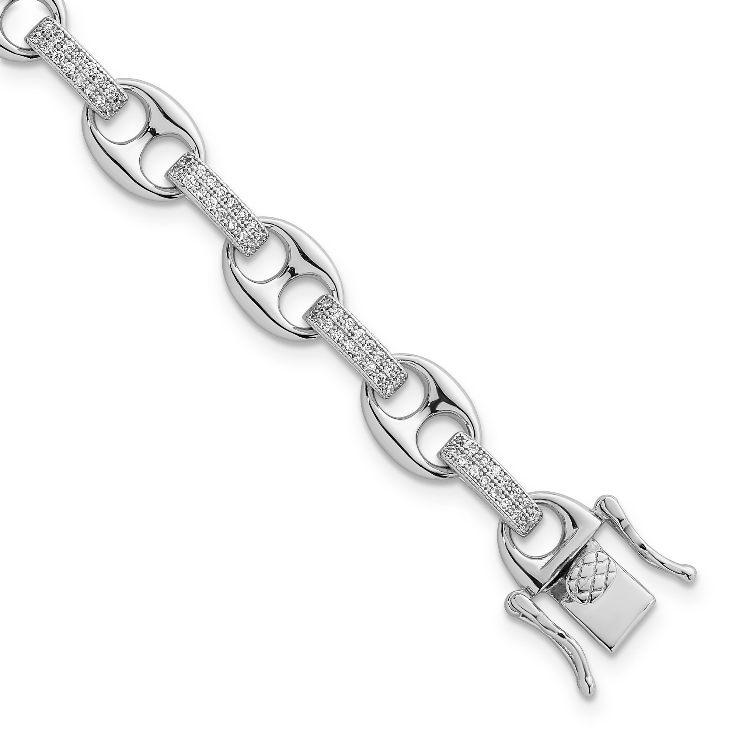 Sterling Silver Rhodium-plated Polished CZ Oval and Mariner Link 7 Inch Bracelet