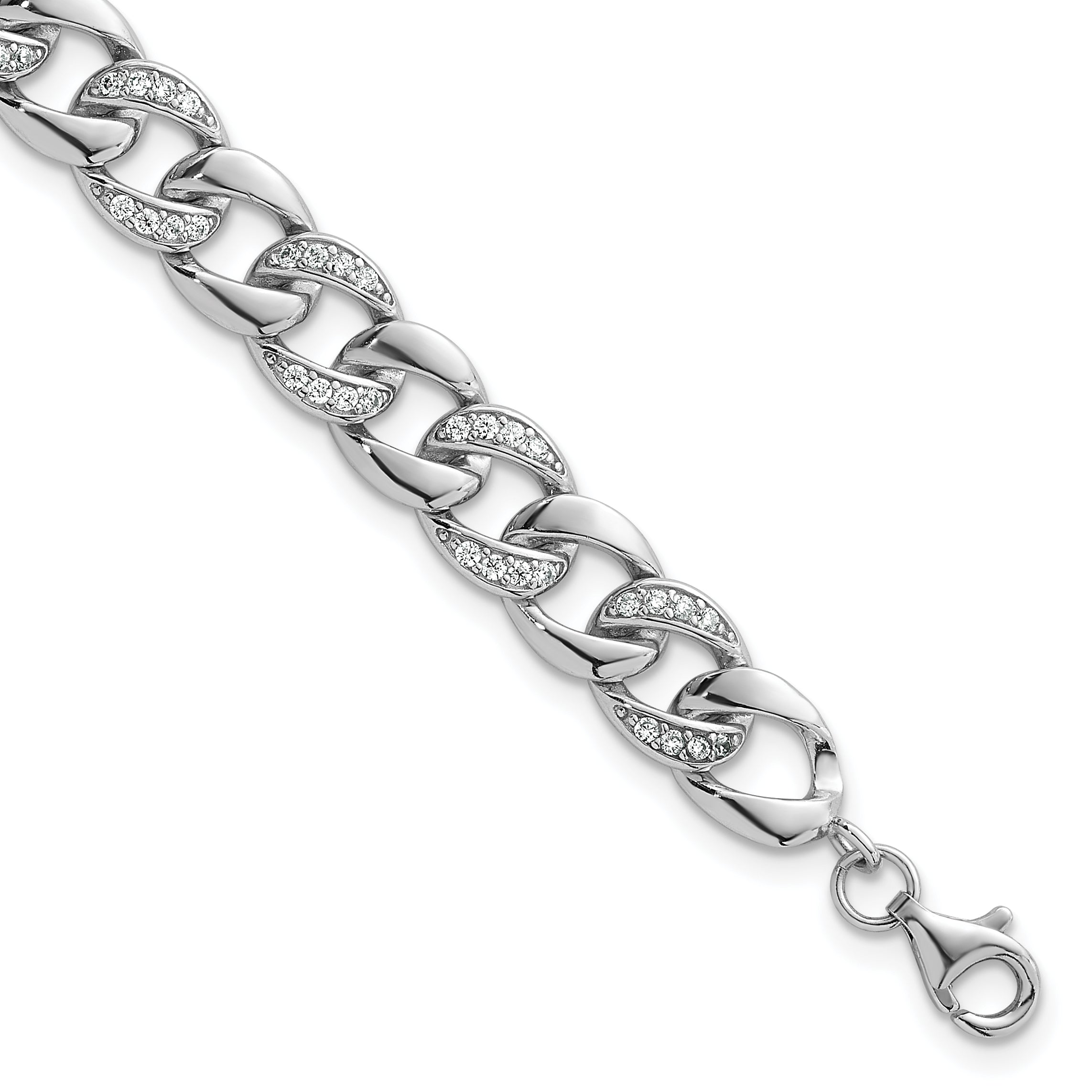 Sterling Silver Rhodium-plated Polished CZ 8.00mm Curb Link 7 Inch with 1.5 Inch Extension Bracelet