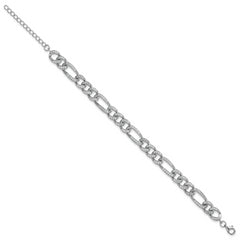 Sterling Silver Rhodium-plated Polished CZ 8.5mm Figaro Link 7 Inch with 1.5 Inch Extension Bracelet