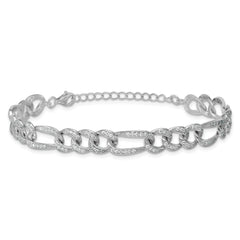 Sterling Silver Rhodium-plated Polished CZ 8.5mm Figaro Link 7 Inch with 1.5 Inch Extension Bracelet