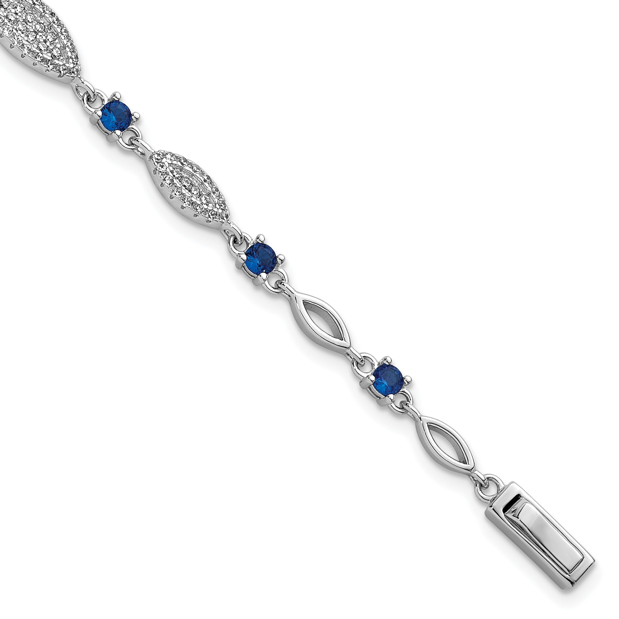 Sterling Silver Rhodium-plated Marquise Blue and White CZ Oval Link 7 inch Bracelet