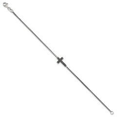Sterling Silver Polished and Antiqued Black CZ Cross 7.5 inch Bracelet