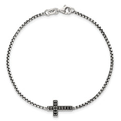 Sterling Silver Polished and Antiqued Black CZ Cross 7.5 inch Bracelet