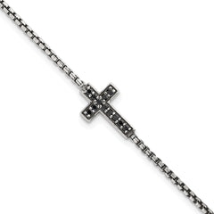 Sterling Silver Polished and Antiqued Black CZ Cross 7.5 inch Bracelet