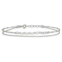 Sterling Silver Beaded Hearts Double Strand 9 inch with 1 inch Extender - Total 10 inch Anklet