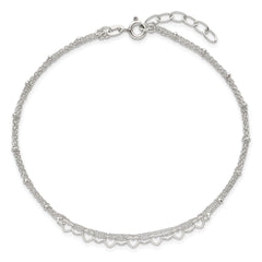Sterling Silver Beaded Hearts Double Strand 9 inch with 1 inch Extender - Total 10 inch Anklet