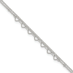 Sterling Silver Beaded Hearts Double Strand 9 inch with 1 inch Extender - Total 10 inch Anklet