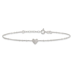 Sterling Silver Heart and Beads 9 inch with 1 inch Extender - Total 10 inch Anklet