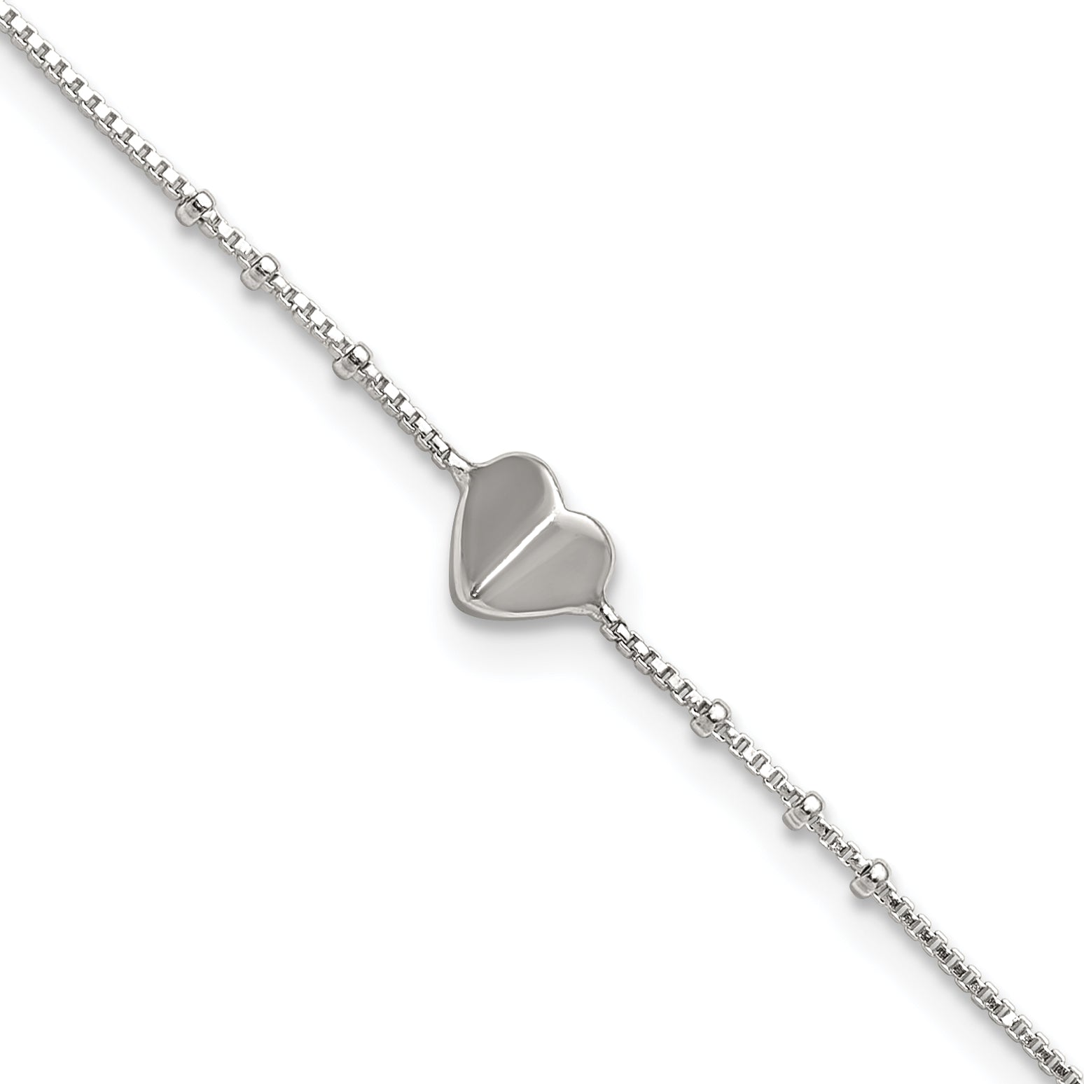 Sterling Silver Heart and Beads 9 inch with 1 inch Extender - Total 10 inch Anklet