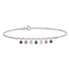 Sterling Silver Multicolor CZ and Hearts 9 inch Plus 1 inch Extender - Total 10 inch Anklet