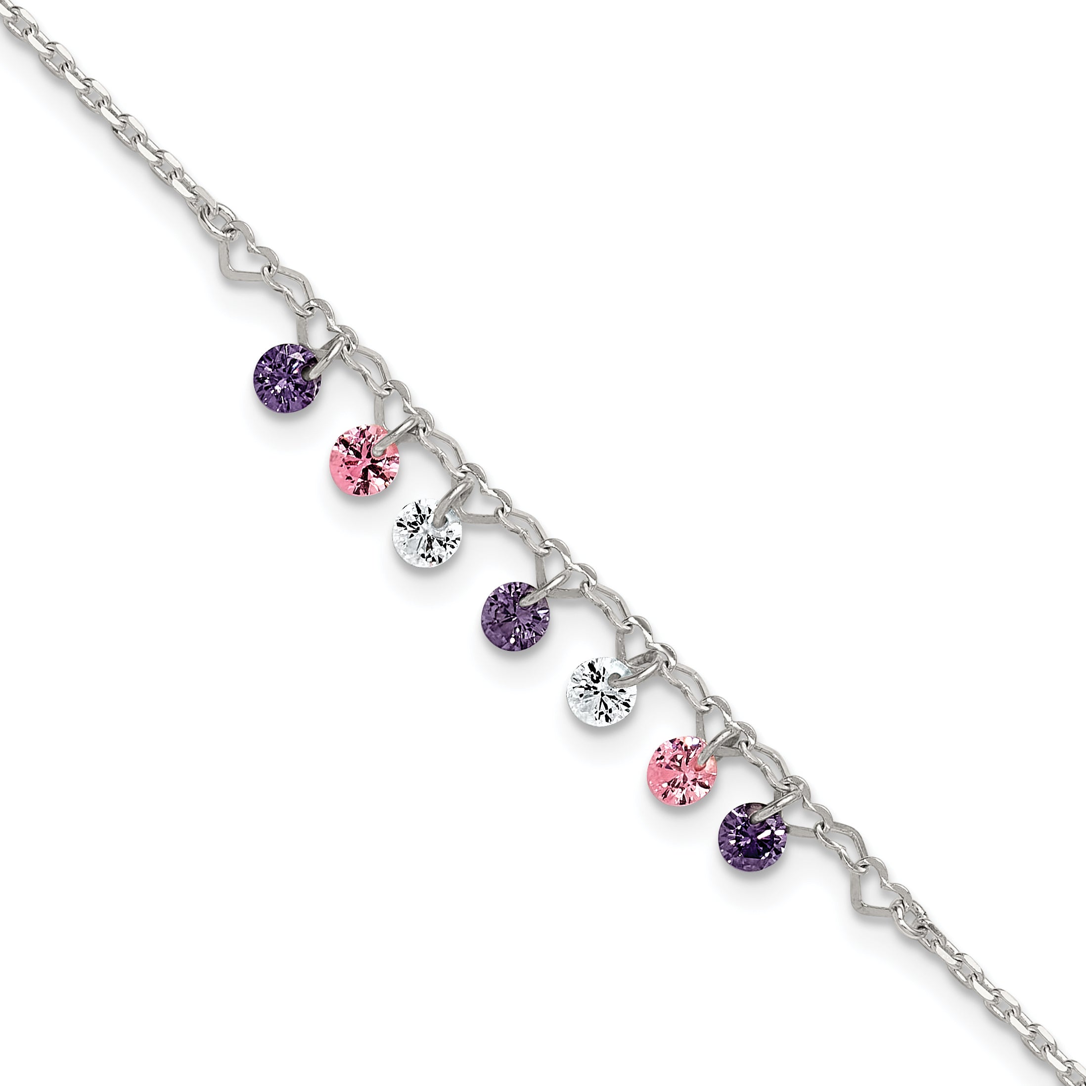 Sterling Silver Multicolor CZ and Hearts 9 inch Plus 1 inch Extender - Total 10 inch Anklet