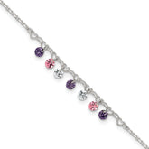 Sterling Silver Multicolor CZ and Hearts 9 inch Plus 1 inch Extender - Total 10 inch Anklet
