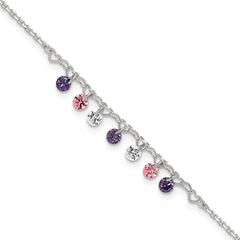 Sterling Silver Multicolor CZ and Hearts 9 inch Plus 1 inch Extender - Total 10 inch Anklet