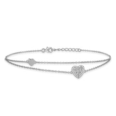 Sterling Silver Rhodium-plated CZ Heart 2-Strand 9 inch Plus 1 inch Extender - Total 10 inch Anklet