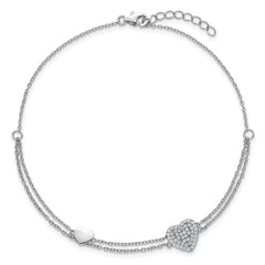 Sterling Silver Rhodium-plated CZ Heart 2-Strand 9 inch Plus 1 inch Extender - Total 10 inch Anklet