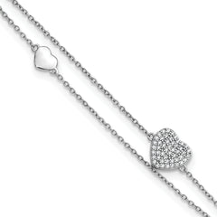 Sterling Silver Rhodium-plated CZ Heart 2-Strand 9 inch Plus 1 inch Extender - Total 10 inch Anklet