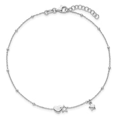 Sterling Silver Rhodium-plated Heart/Stars 9 inch Plus 1 inch Extender - Total 10 inch Anklet