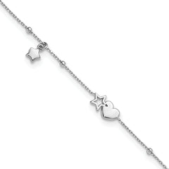 Sterling Silver Rhodium-plated Heart/Stars 9 inch Plus 1 inch Extender - Total 10 inch Anklet