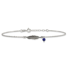 Sterling Silver Antiqued Blue Lapis/Feather 9 inch Plus 1 inch Extender - Total 10 inch Anklet