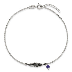 Sterling Silver Antiqued Blue Lapis/Feather 9 inch Plus 1 inch Extender - Total 10 inch Anklet