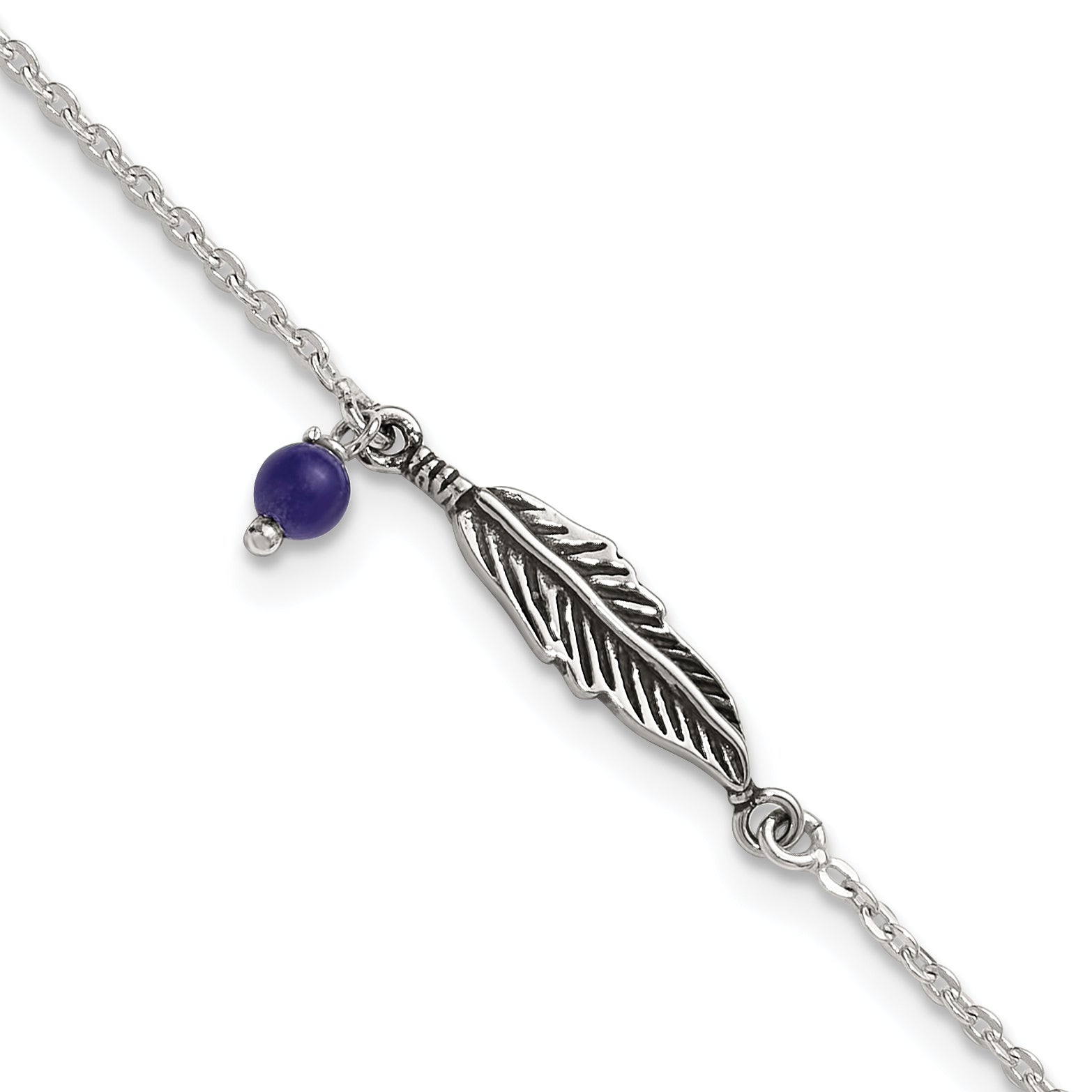 Sterling Silver Antiqued Blue Lapis/Feather 9 inch Plus 1 inch Extender - Total 10 inch Anklet
